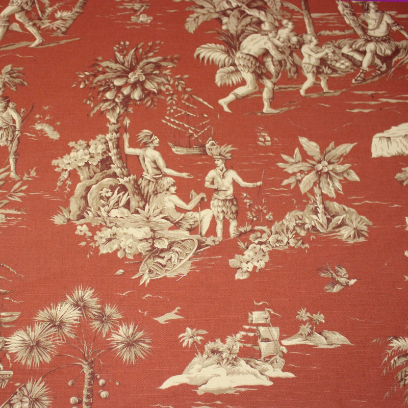 Tissu coton épais TOILE DE JOUY "LES AMERINDIENS", rouille rouge & écru - TissusPapi.com