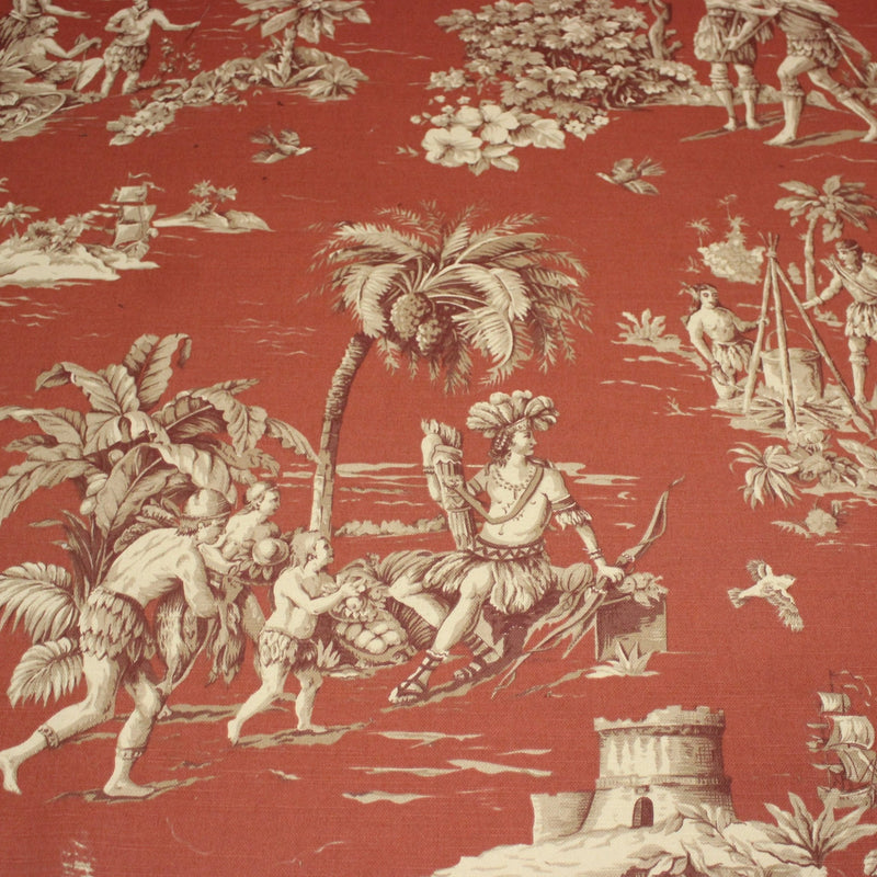Tissu coton épais TOILE DE JOUY "LES AMERINDIENS", rouille rouge & écru - TissusPapi.com