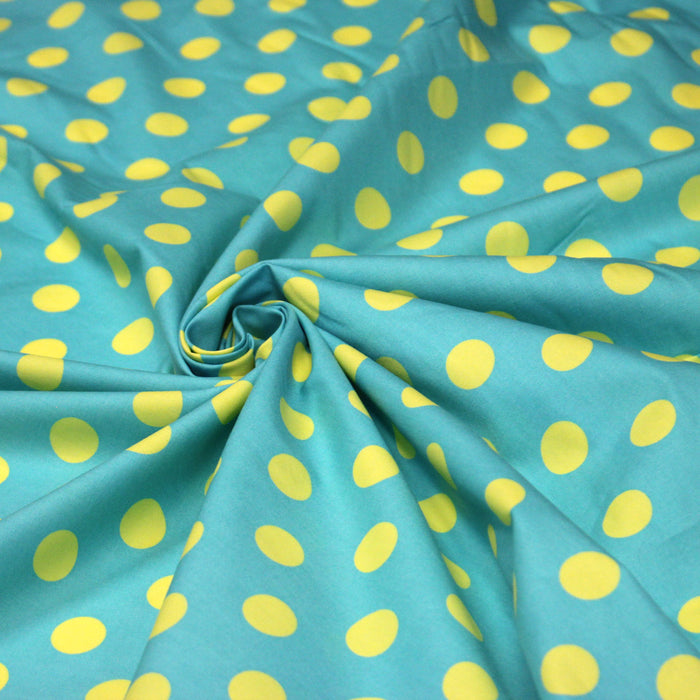 Tissu cotonnade bleu vert aux pois jaunes 18mm