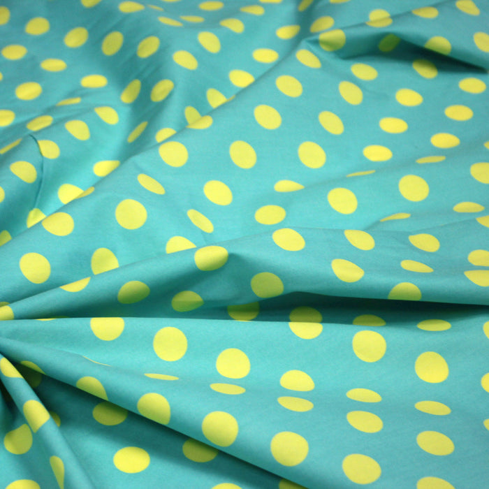 Tissu cotonnade bleu vert aux pois jaunes 18mm