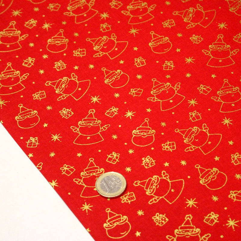Tissu coton NOËL rouge au Père - Noël et cadeaux dorés - OEKO - TEX - TissusPapi.com