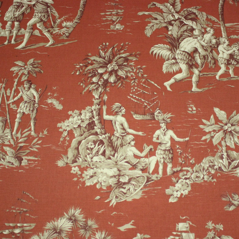 Tissu coton épais TOILE DE JOUY "LES AMERINDIENS", rouille rouge & écru - TissusPapi.com