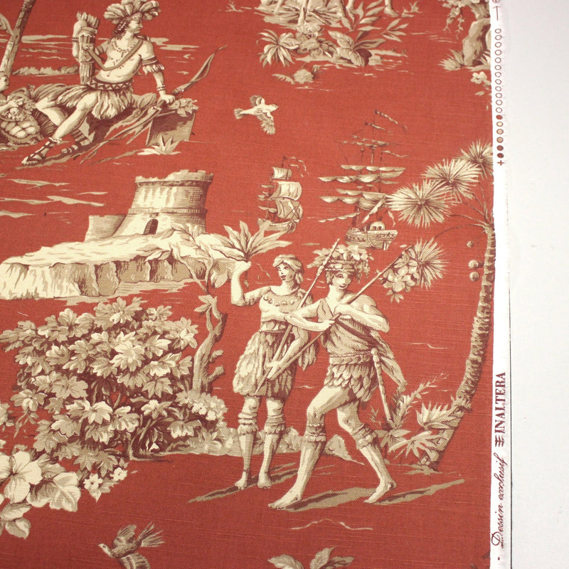 Tissu coton épais TOILE DE JOUY "LES AMERINDIENS", rouille rouge & écru - TissusPapi.com
