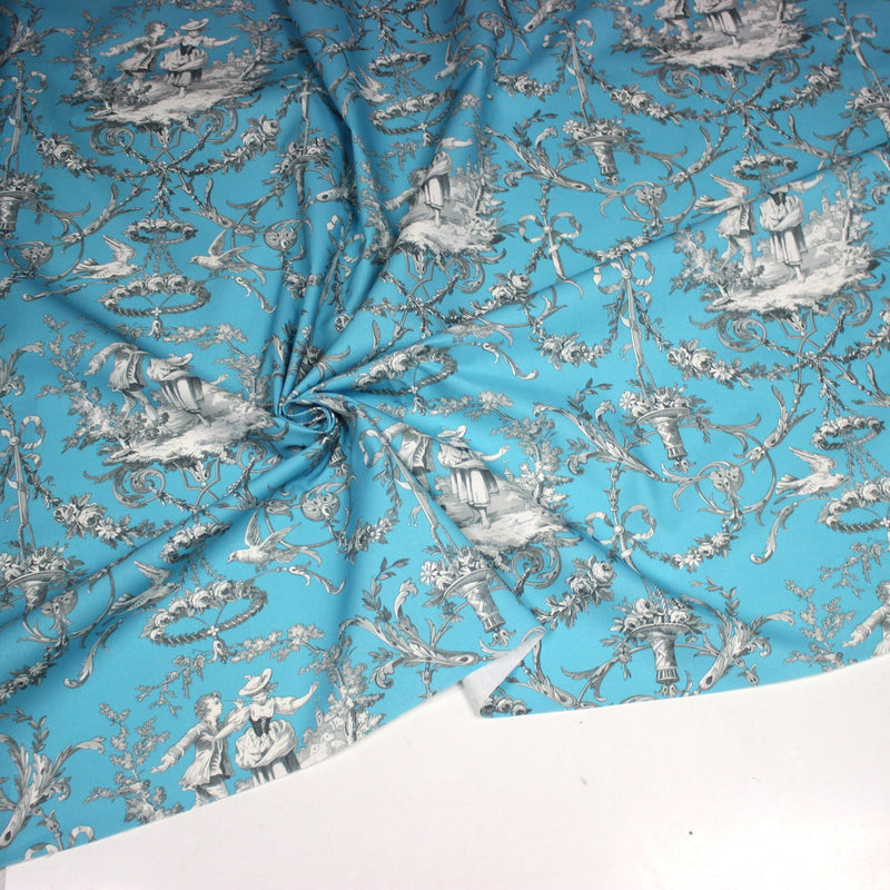 Tissu coton épais TOILE DE JOUY LES AMOURS, bleu, grande largeur 280cm - TissusPapi.com