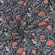 Tissu INDIENNES cotonnade fleurie bleu marine aux feuillage et oiseaux écrus et rouges - TissusPapi.com