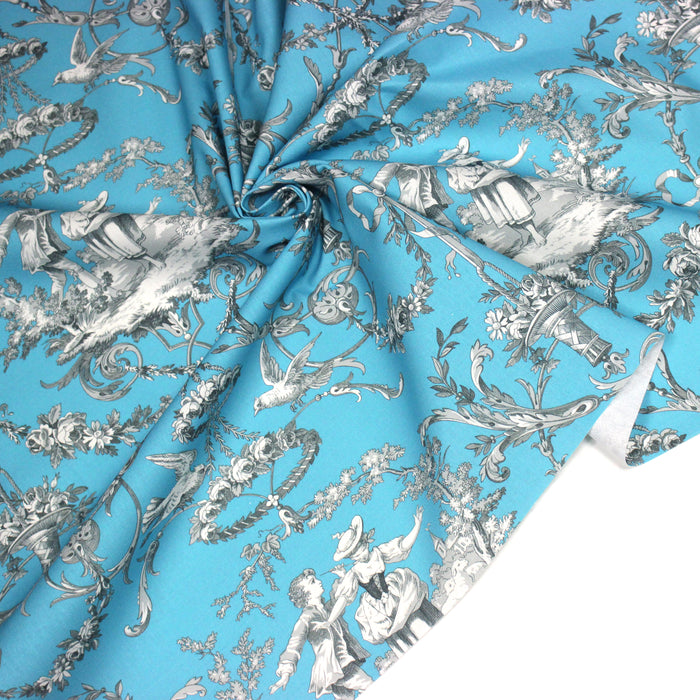 Tissu coton épais TOILE DE JOUY LES AMOURS, bleu, grande largeur 280cm