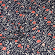 Tissu INDIENNES cotonnade fleurie bleu marine aux feuillage et oiseaux écrus et rouges - TissusPapi.com
