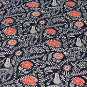 Tissu INDIENNES cotonnade fleurie bleu marine aux feuillage et oiseaux écrus et rouges - TissusPapi.com