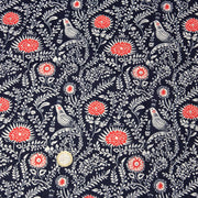 Tissu INDIENNES cotonnade fleurie bleu marine aux feuillage et oiseaux écrus et rouges - TissusPapi.com