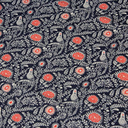 Tissu INDIENNES cotonnade fleurie bleu marine aux feuillage et oiseaux écrus et rouges - TissusPapi.com