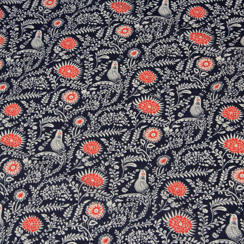 Tissu INDIENNES cotonnade fleurie bleu marine aux feuillage et oiseaux écrus et rouges - TissusPapi.com