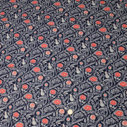 Tissu INDIENNES cotonnade fleurie bleu marine aux feuillage et oiseaux écrus et rouges - TissusPapi.com