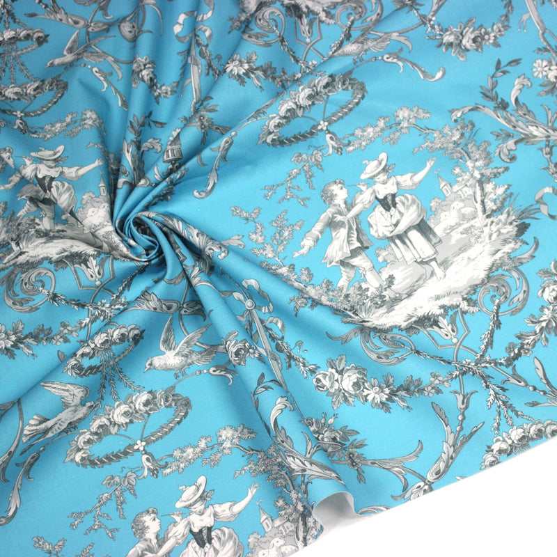 Tissu coton épais TOILE DE JOUY LES AMOURS, bleu, grande largeur 280cm - TissusPapi.com