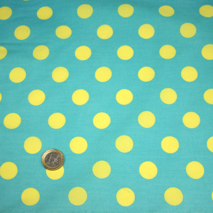 Tissu cotonnade bleu vert aux pois jaunes 18mm