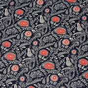 Tissu INDIENNES cotonnade fleurie bleu marine aux feuillage et oiseaux écrus et rouges - TissusPapi.com