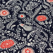 Tissu INDIENNES cotonnade fleurie bleu marine aux feuillage et oiseaux écrus et rouges - TissusPapi.com