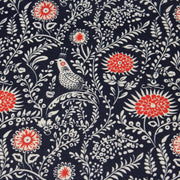 Tissu INDIENNES cotonnade fleurie bleu marine aux feuillage et oiseaux écrus et rouges - TissusPapi.com
