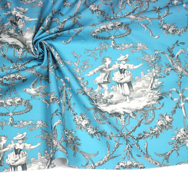 Tissu coton épais TOILE DE JOUY LES AMOURS, bleu, grande largeur 280cm - TissusPapi.com