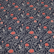 Tissu INDIENNES cotonnade fleurie bleu marine aux feuillage et oiseaux écrus et rouges - TissusPapi.com