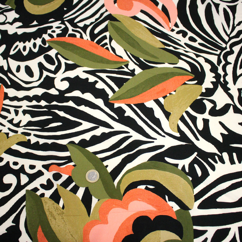Tissu viscose fluide COMPORTA, motif graphique noir blanc, fleuri vert rose corail - Fabrication française - TissusPapi.com