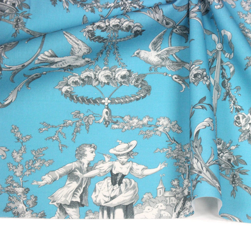 Tissu coton épais TOILE DE JOUY LES AMOURS, bleu, grande largeur 280cm - TissusPapi.com