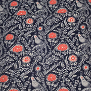 Tissu INDIENNES cotonnade fleurie bleu marine aux feuillage et oiseaux écrus et rouges - TissusPapi.com
