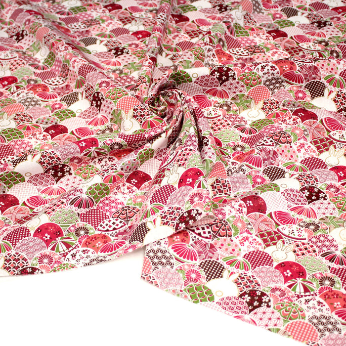 Tissu cotonnade motifs japonais traditionnels rouges et roses & lapins dorés- COLLECTION JAPON DORÉ