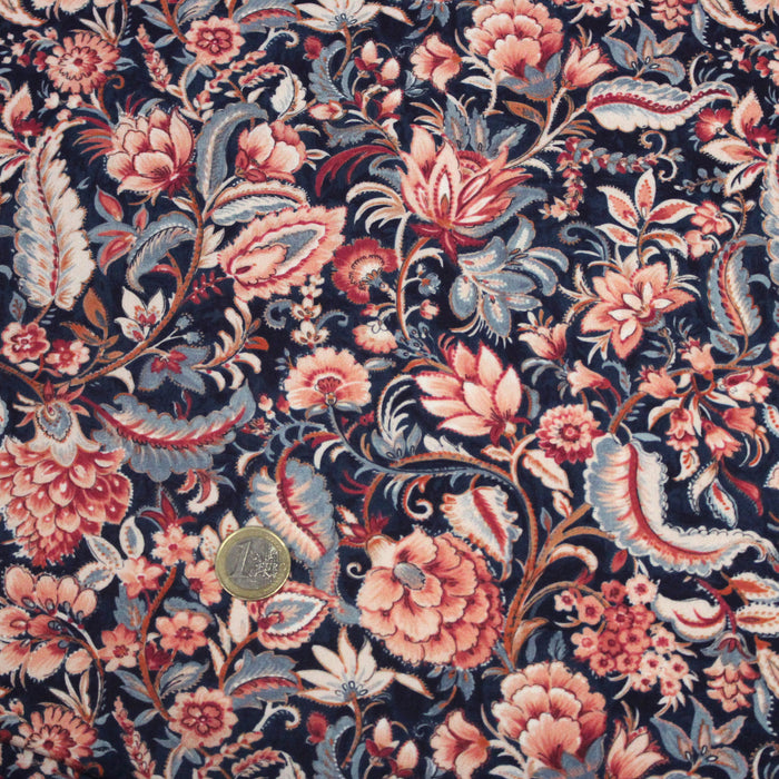 Tissu viscose fluide motif de toile indienne aux fleurs rouges et bleues - COLLECTION KALAMKARI - OEKO-TEX