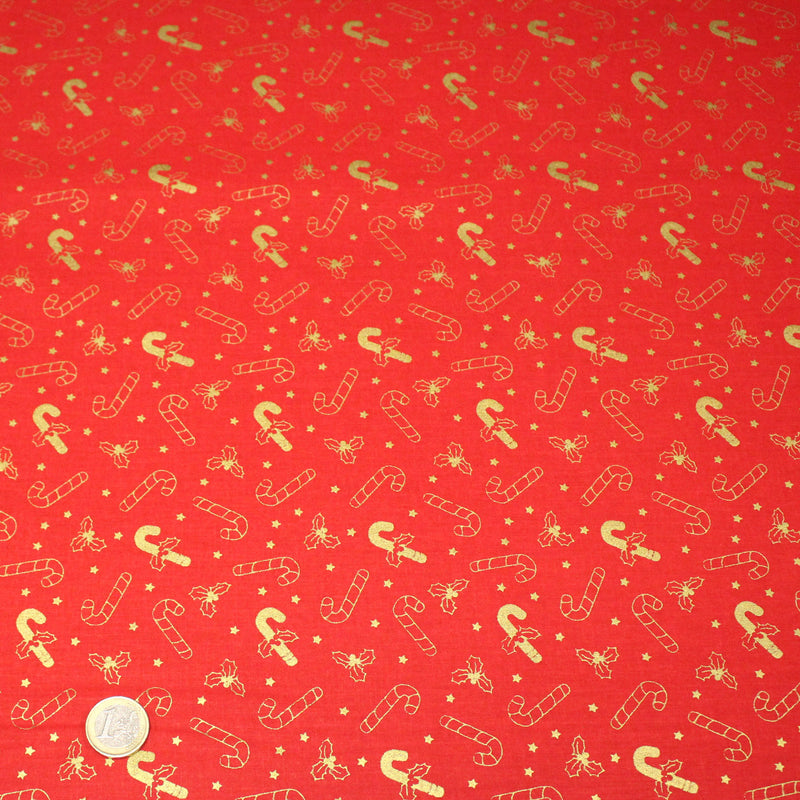 Tissu coton NOËL rouge aux houx et sucres d'orge dorés - OEKO - TEX - TissusPapi.com