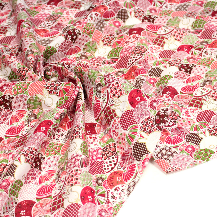 Tissu cotonnade motifs japonais traditionnels rouges et roses & lapins dorés- COLLECTION JAPON DORÉ