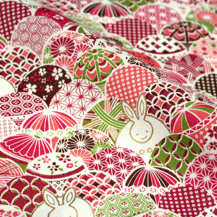 Tissu cotonnade motifs japonais traditionnels rouges et roses & lapins dorés- COLLECTION JAPON DORÉ