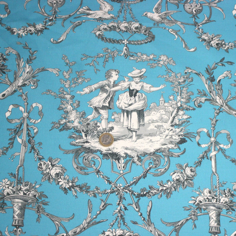 Tissu coton épais TOILE DE JOUY LES AMOURS, bleu, grande largeur 280cm - TissusPapi.com