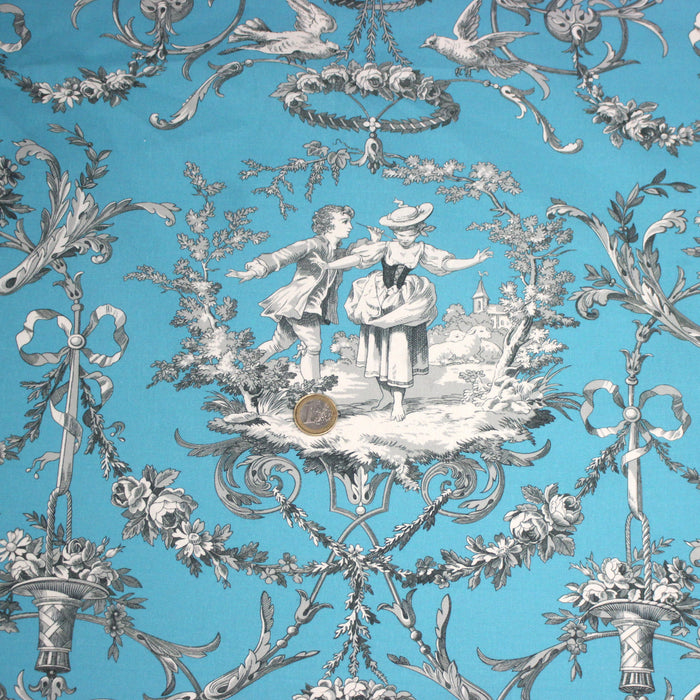 Tissu coton épais TOILE DE JOUY LES AMOURS, bleu, grande largeur 280cm