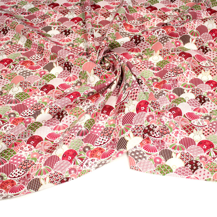 Tissu cotonnade motifs japonais traditionnels rouges et roses & lapins dorés- COLLECTION JAPON DORÉ