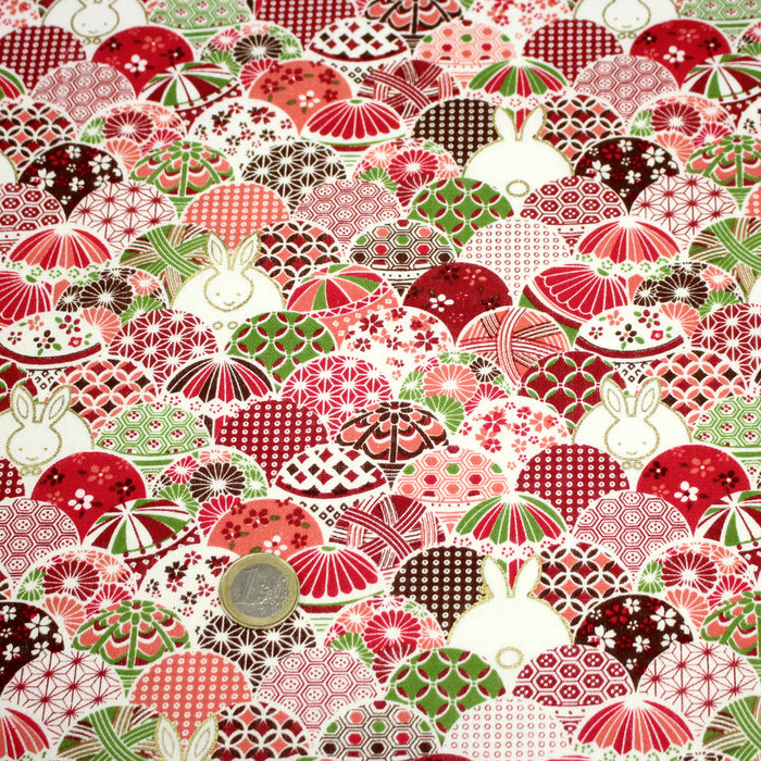 Tissu cotonnade motifs japonais traditionnels rouges et roses & lapins dorés- COLLECTION JAPON DORÉ