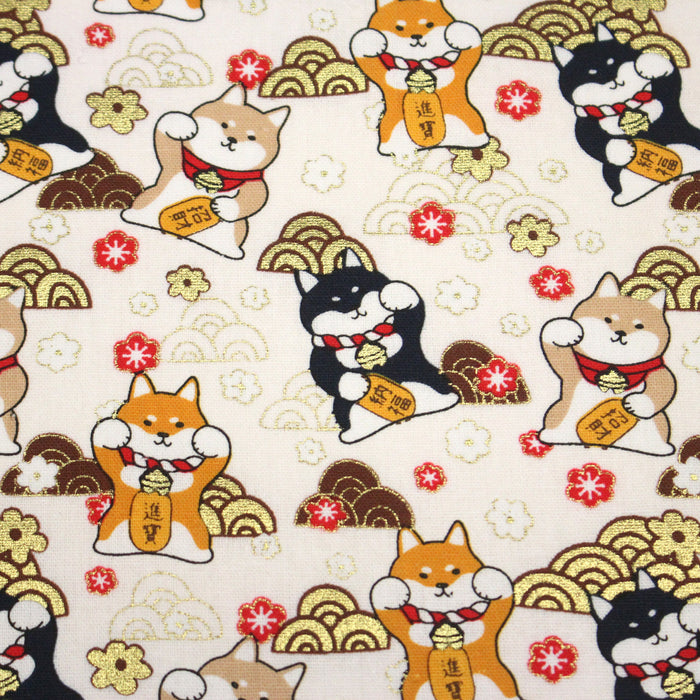 Tissu cotonnade chiens Shiba japonais & motifs dorés - COLLECTION JAPON DORÉ