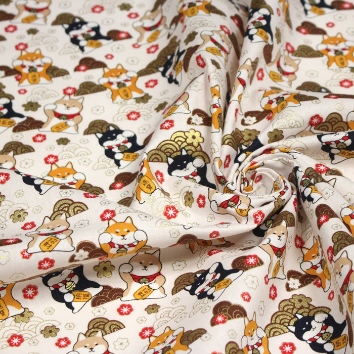 Tissu cotonnade chiens Shiba japonais & motifs dorés - COLLECTION JAPON DORÉ