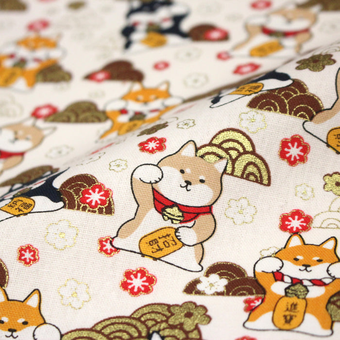 Tissu cotonnade chiens Shiba japonais & motifs dorés - COLLECTION JAPON DORÉ