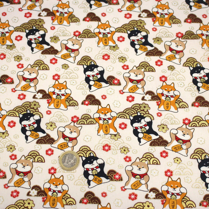 Tissu cotonnade chiens Shiba japonais & motifs dorés - COLLECTION JAPON DORÉ