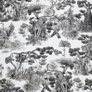 Tissu Toile de Jouy moderne noire, forêt tropicale, singes et léopards - COLLECTION ANIMALIA, par la maison Thevenon - TissusPapi.com