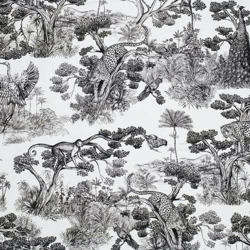 Tissu Toile de Jouy moderne noire, forêt tropicale, singes et léopards - COLLECTION ANIMALIA, par la maison Thevenon - TissusPapi.com