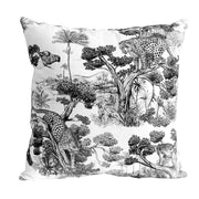 Tissu Toile de Jouy moderne noire, forêt tropicale, singes et léopards - COLLECTION ANIMALIA, par la maison Thevenon - TissusPapi.com