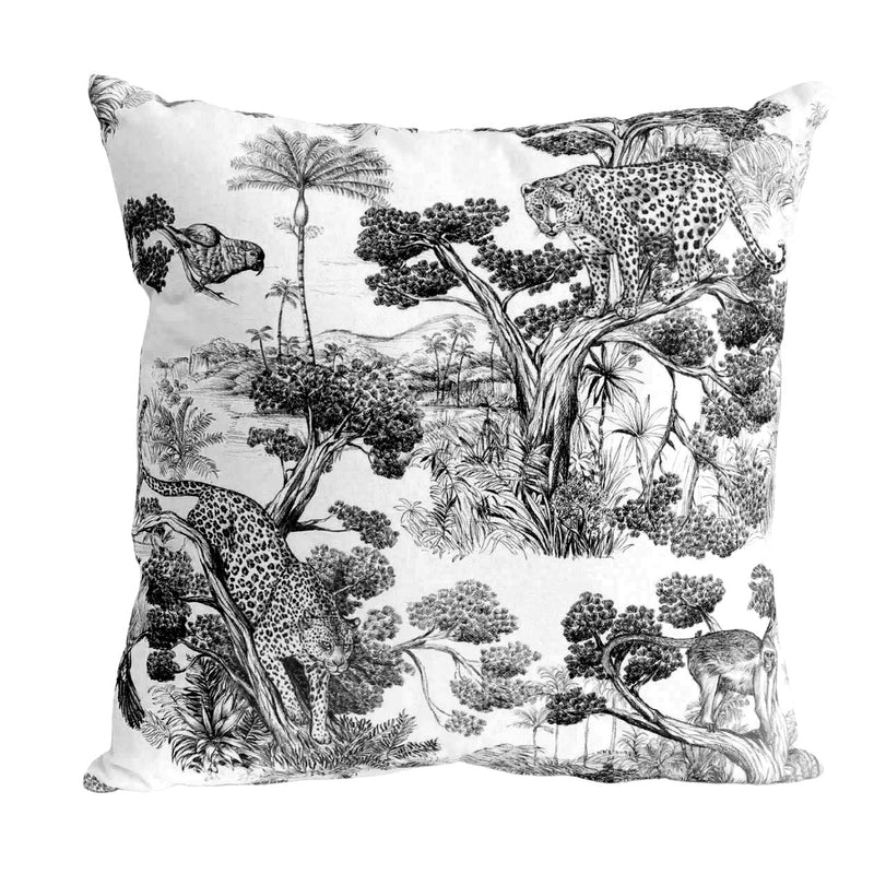 Tissu Toile de Jouy moderne noire, forêt tropicale, singes et léopards - COLLECTION ANIMALIA, par la maison Thevenon - TissusPapi.com