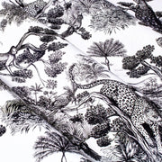 Tissu Toile de Jouy moderne noire, forêt tropicale, singes et léopards - COLLECTION ANIMALIA, par la maison Thevenon - TissusPapi.com