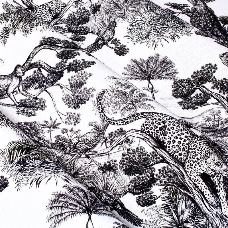 Tissu Toile de Jouy moderne noire, forêt tropicale, singes et léopards - COLLECTION ANIMALIA, par la maison Thevenon - TissusPapi.com
