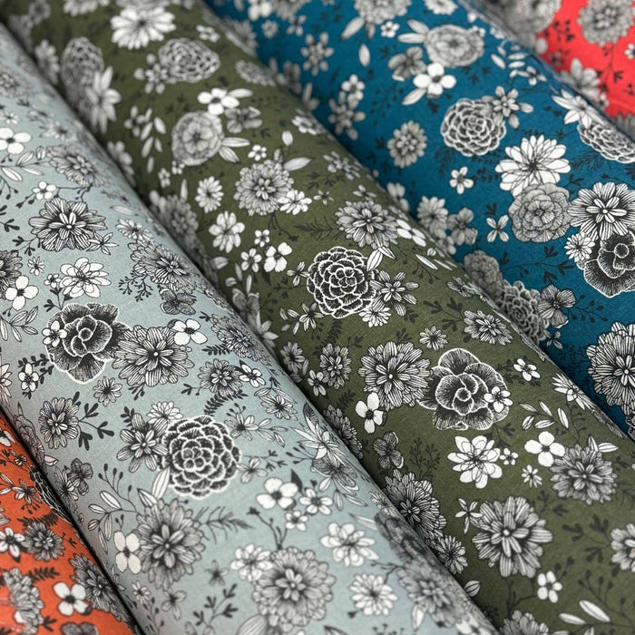 Tissu SIRACUSA coton imprimé fleuri noir et blanc : nombreuses couleurs au choix !