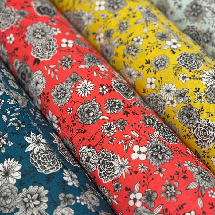 Tissu SIRACUSA coton imprimé fleuri noir et blanc : nombreuses couleurs au choix !