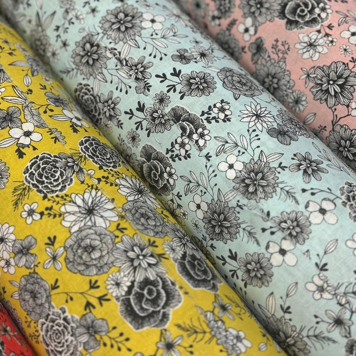 Tissu SIRACUSA coton imprimé fleuri noir et blanc : nombreuses couleurs au choix !