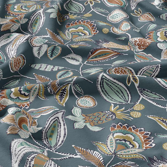 Tissu Viscose fluide VAMIKA, bleu motif tropical fleuri ocre et blanc - OEKO-TEX