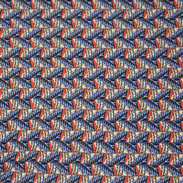 Tissu popeline de viscose motif wax aux tons bleus et rouges - Fabrication française - OEKO-TEX